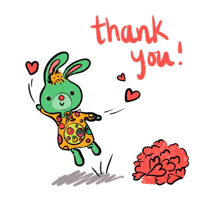 Baby polkaroo hops off the ground by a pile of hearts, tossing a few of them in the air like leaves. There is text reading "thank you!"