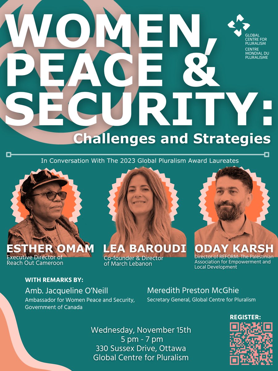 GlobalPluralism's tweet photo. Next week, 2023 #GlobalPluralismAward laureates will meet in Ottawa for a special week of celebration &amp; activities.
We're excited to bring together 3 awardees for an inspiring conversation on Women, Peace &amp; Security.

For more information &amp; register📝: https://t.co/ZPQQdkcbkL https://t.co/b5SNrDCjfo