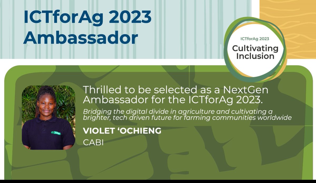 OchiengVio's tweet photo. Happy to share that I have been selected as a NextGen Ambassador for the ICTforAg 2023. 
Together,we'll unlock the potential of digital agriculture. 

🗓️ Mark your calendars:  7th - 9th Nov. 2023
🌐 Register here:  https://t.co/9V1JbhdrIT
#ICTforAg2023
#Agritech

@ICTforAg https://t.co/yIvRI7BR9Y