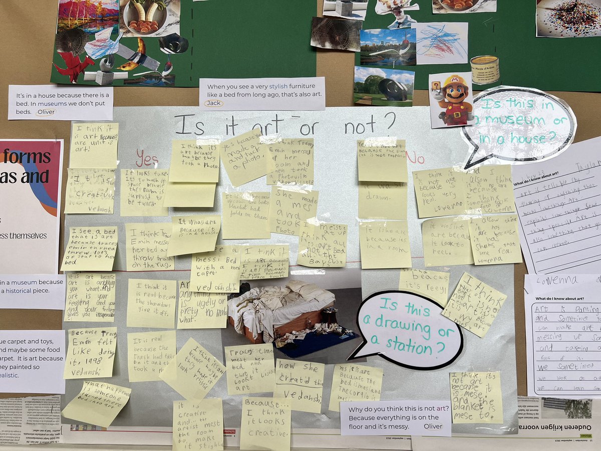 MissCarlaD's tweet photo. Is it art or not? Check students responses 🥹🔥”It’s art because art is anything you want. Art is your feeling and feelings gives you inspiration”. (7years old)
#TheBed #TraceyEmin #pypteacher #inquiryapproach https://t.co/hLeecGzBwf