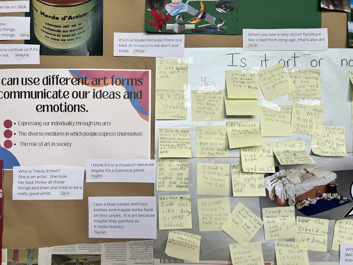 MissCarlaD's tweet photo. Is it art or not? Check students responses 🥹🔥”It’s art because art is anything you want. Art is your feeling and feelings gives you inspiration”. (7years old)
#TheBed #TraceyEmin #pypteacher #inquiryapproach https://t.co/hLeecGzBwf