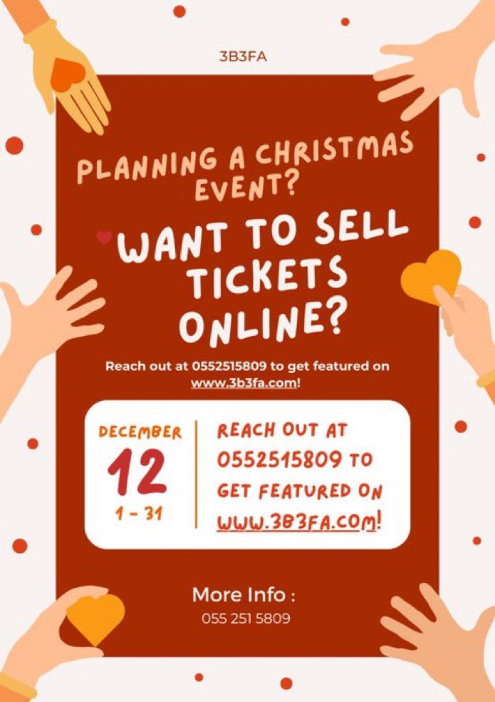 Planning a Christmas event? Want to sell tickets online? Reach out at 0552515809 to get featured on 3b3fa.com! 🎄🎟 #ChristmasEvent #OnlineTickets #GetFeatured