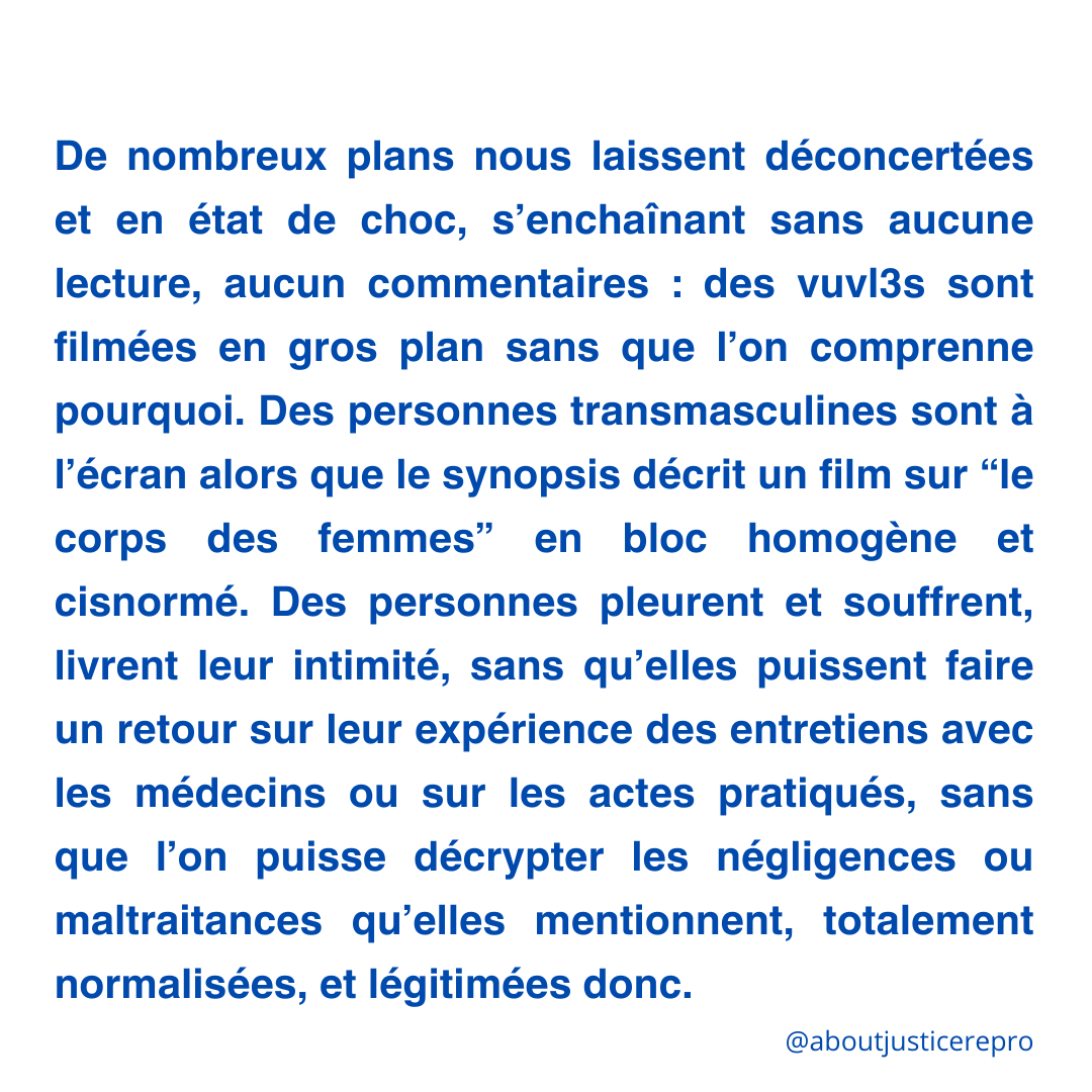 JohannaSoraya55's tweet photo. @StopVOGfr @NinaFaure Le montage, les gros plans sur des vulv3s épilées, l'absence de contextualisation, de place pour la compréhension/la respiration rendent le docu #NotreCorps oppressant. Les pers trans qui livrent une partie de leur parcours sont effacées dans le pitch sur le corps "des Femmes".. https://t.co/PWJW2oNUYF