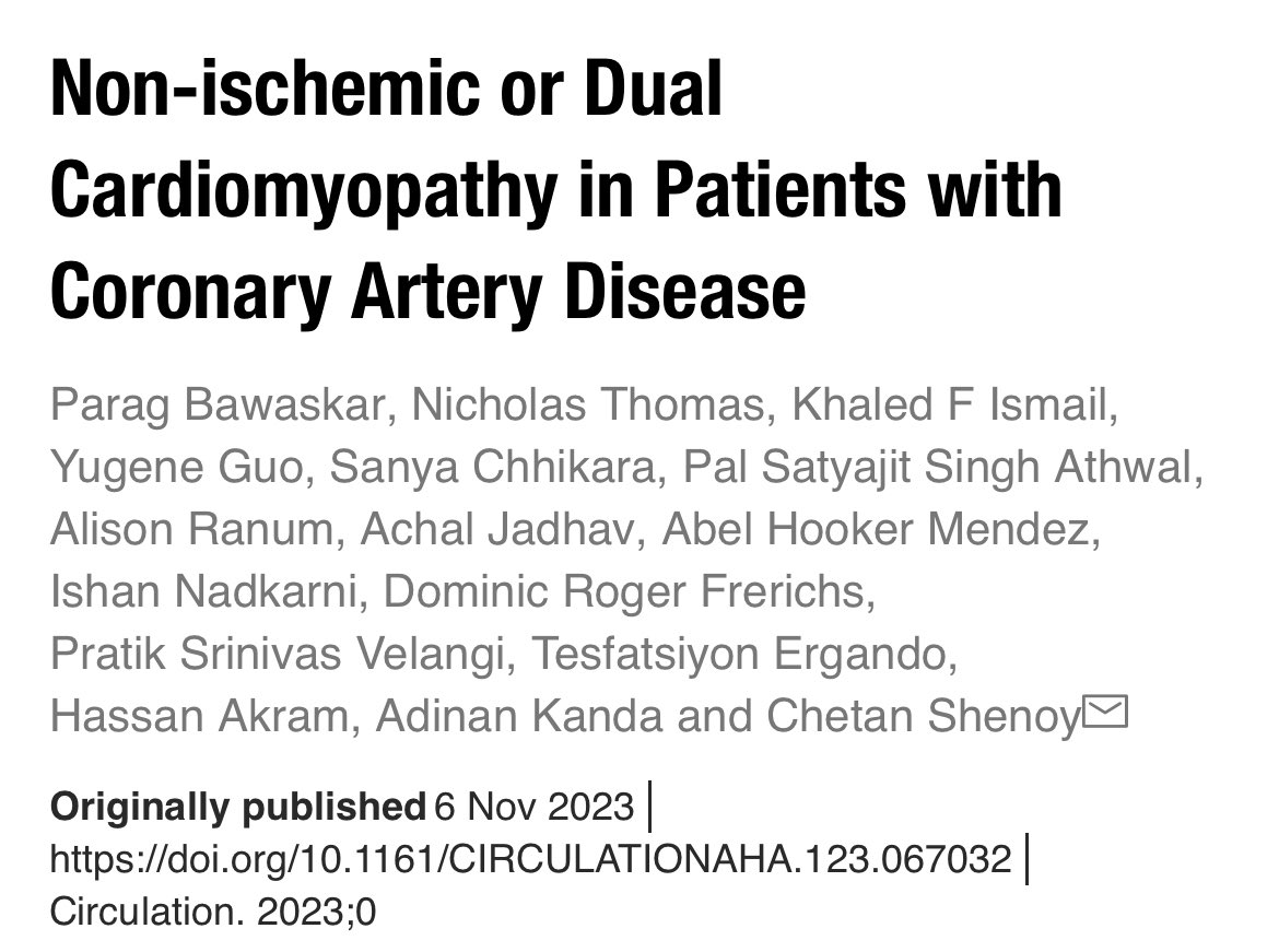 Excited to see this study presented at #AHA23 Should every patient with CAD get a #WhyCMR to assess if it’s an ischemic CM or NICM? 1/6 pts will have either CAD+NICM or dual CM(ICM &amp; NICM)with⬆️ risk ☠️or HF🏥but may🚫 benefit from revascularization
bit.ly/471DdtV 📝