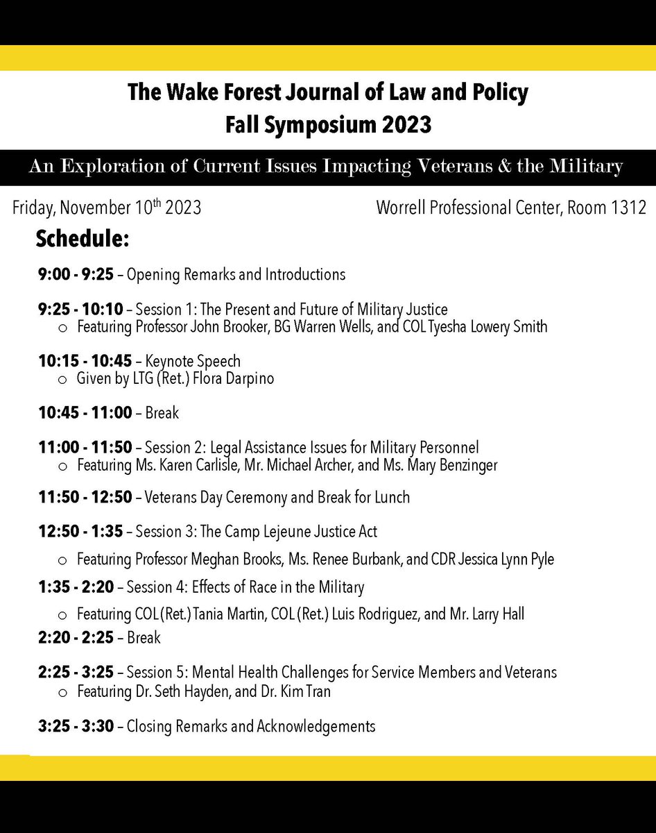 Please join us this Friday, November 10, for the Wake Forest Journal of Law and Policy's Annual Symposium. The Symposium will take place from 9:00 A.M. to 3:00 P.M. in Worrell Professional Center Room 1312. Please see the attached flyers for more information about the event!