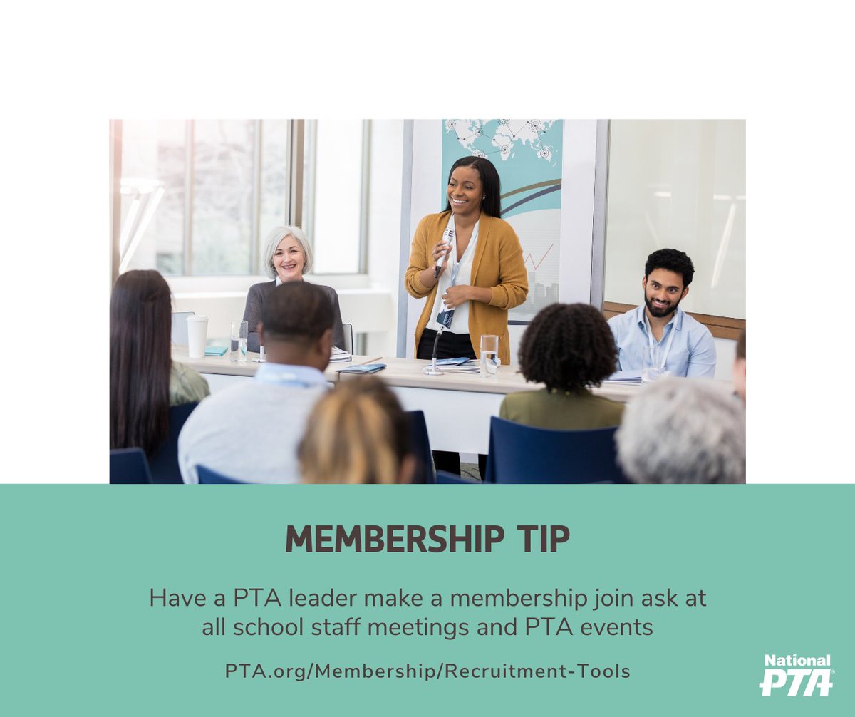 NationalPTA's tweet photo. Are you looking for strategies to grow your PTA’s membership? Strategy 4: Have a PTA leader make a membership join ask at all school staff meetings and PTA events. We have templates available at https://t.co/q0ml691DjC. Next week we’ll share our last strategy in the series. https://t.co/BCWjq5veqy