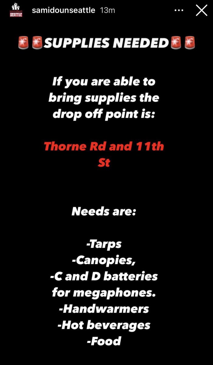 11:38am SUPPLY LIST UPDATE
-Tarps
-Canopies
-C &amp; D batteries
-hand/foot warmers
-Hot cups and drinks (herbal, ginger tea requested)
-Hot food
-Winter socks
-camping chairs
AND BODIES! People have been on the line since 5am and need a break!

Drop off Thorne/11th
#blocktheboat