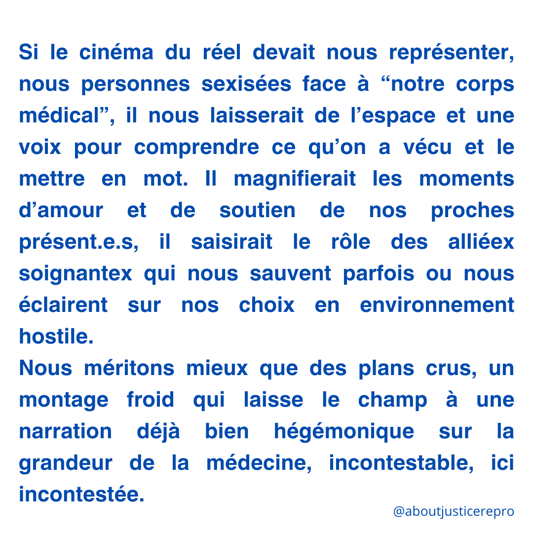 JohannaSoraya55's tweet photo. @StopVOGfr @NinaFaure Nous méritons mieux que les plans crus de #NotreCorps, un montage froid et décousu qui laisse le champ à une narration déjà bien hégémonique sur la grandeur de la médecine, incontestable, ici incontestée. https://t.co/Q9TutvwRen