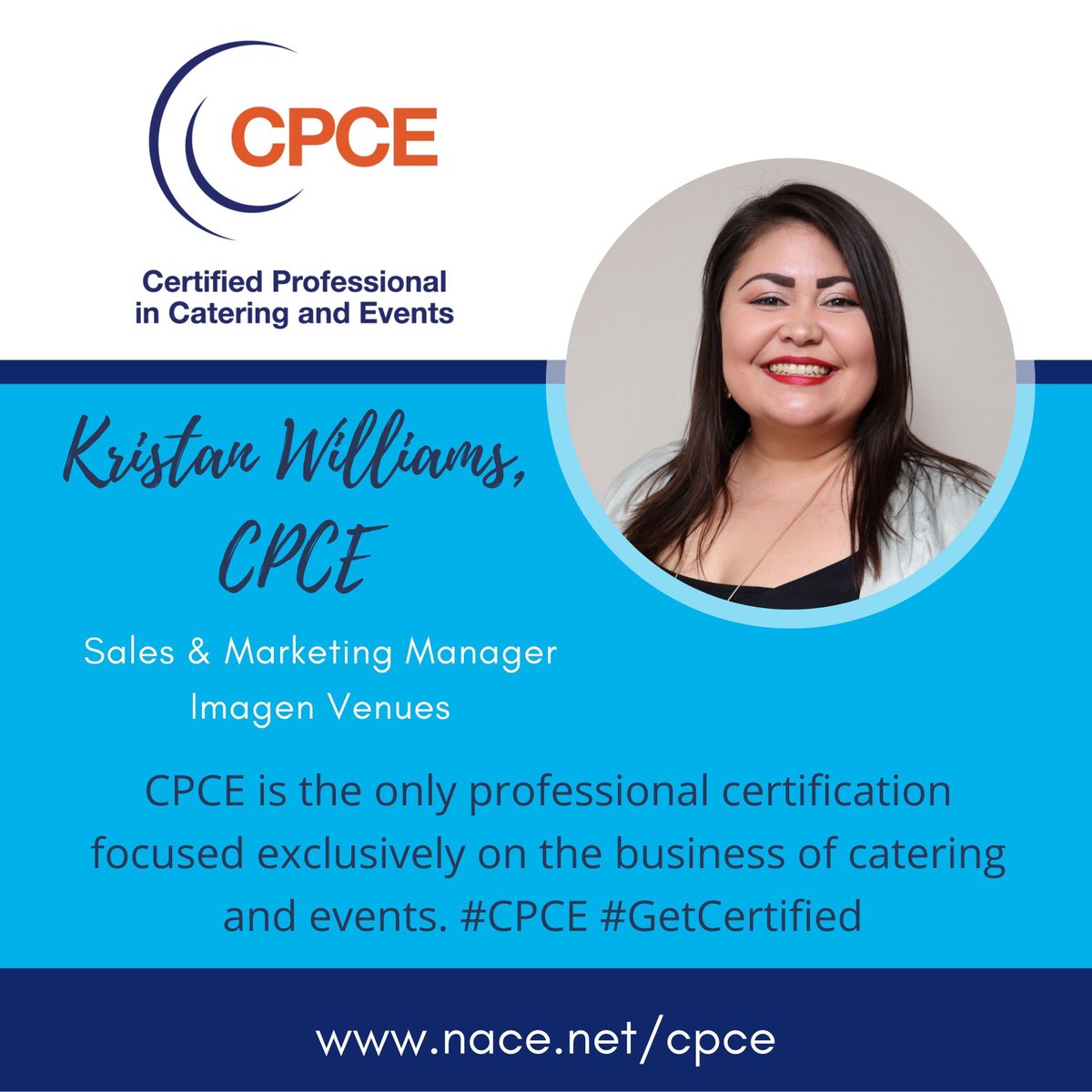 NACENational's tweet photo. Congratulations to Kristan Williams, CPCE!
Kristan is the Sales & Marketing Manager for Imagen Venues, a member of the Houston Chapter of NACE, and one of our newest Certified Professionals in Catering and Events (CPCE).
#CPCE #GetCertified #ThisIsNACE https://t.co/4D8JY9DgJX