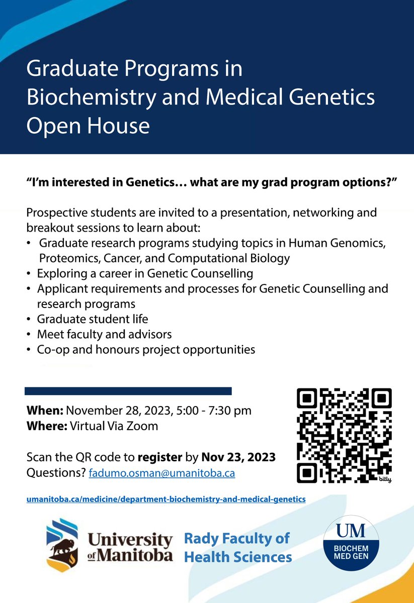 Interest in genetics? Looking for a graduate position? Don't miss the Graduate Programs in Biochemistry and Medical Genetics Open House on Nov 28 at 5pm. Register here: bit.ly/BMG_open_house…