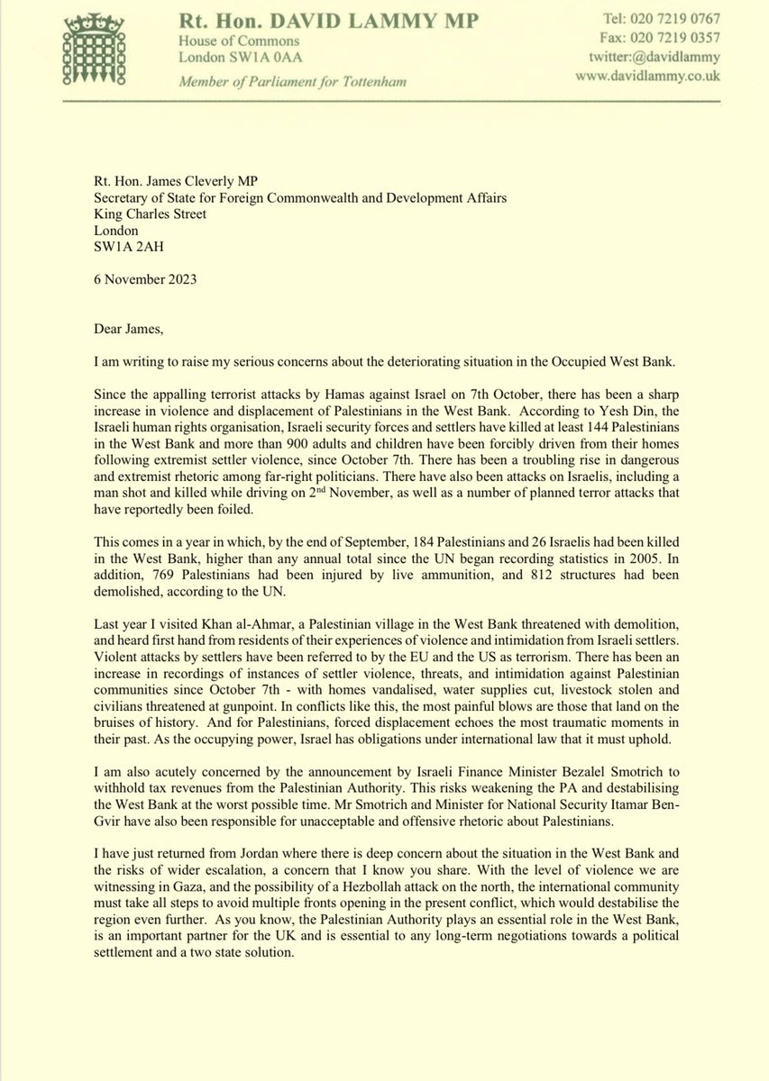 DavidLammy's tweet image. The UK must condemn acts of violence and extremism by Israeli settlers in the West Bank and call on the Israeli authorities to prevent settler violence, ensure accountability for perpetrators and condemn extremist rhetoric.

My letter to the Foreign Secretary 👇🏿