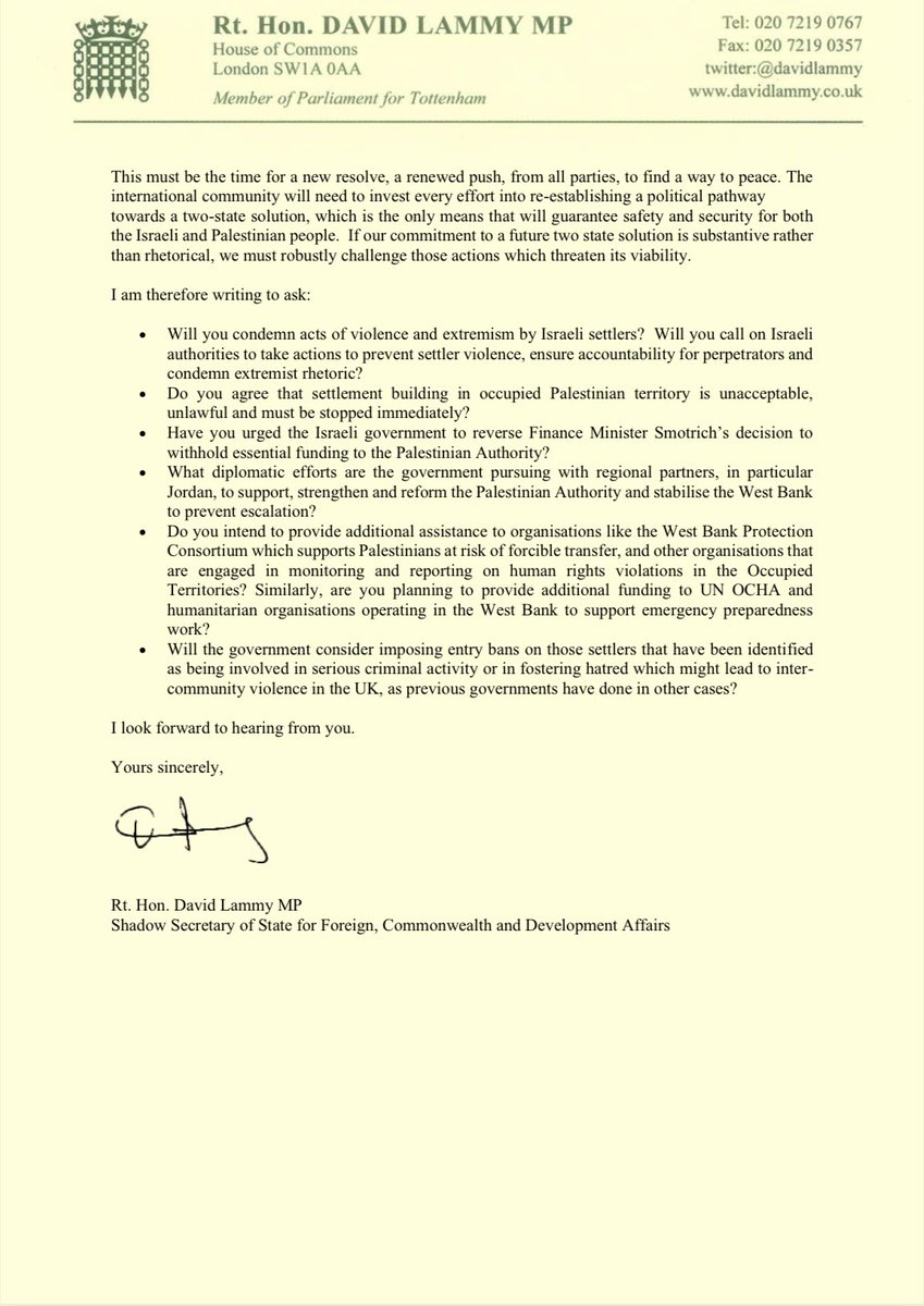 DavidLammy's tweet image. The UK must condemn acts of violence and extremism by Israeli settlers in the West Bank and call on the Israeli authorities to prevent settler violence, ensure accountability for perpetrators and condemn extremist rhetoric.

My letter to the Foreign Secretary 👇🏿