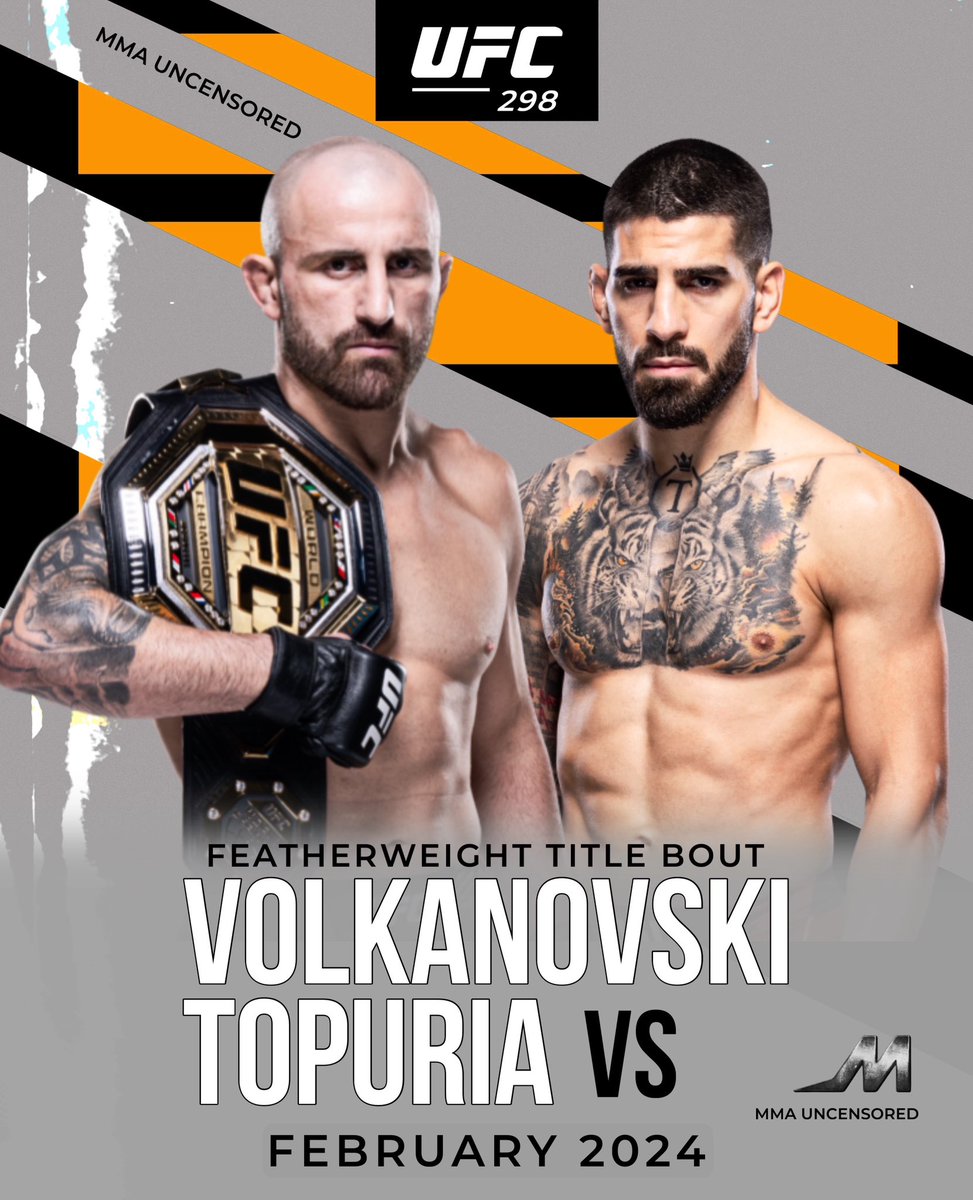 Breaking: ‼️ Alex Volkanovski vs Ilia Topuria featherweight title bout is official at #UFC298 in February 2024 per Dana White.