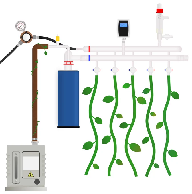 An illustration of a Schlenk line with ivies/vines for tubing.