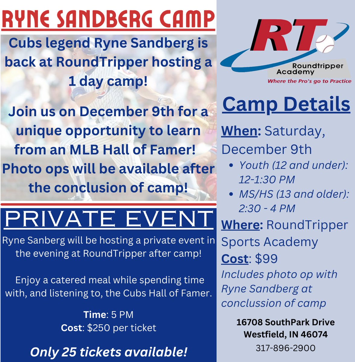 RoundTripper Academy (@roundtripperaca) on Twitter photo Join <a href="/Cubs/">Chicago Cubs</a> & <a href="/MLB/">MLB</a> Hall of Famer Ryne Sandberg on December 9th at <a href="/RoundTripperAca/">RoundTripper Academy</a> for our youth camps & private event‼️
Sign ups are live now on RoundTripper.com Join <a href="/Cubs/">Chicago Cubs</a> & <a href="/MLB/">MLB</a> Hall of Famer Ryne Sandberg on December 9th at <a href="/RoundTripperAca/">RoundTripper Academy</a> for our youth camps & private event‼️
Sign ups are live now on RoundTripper.com