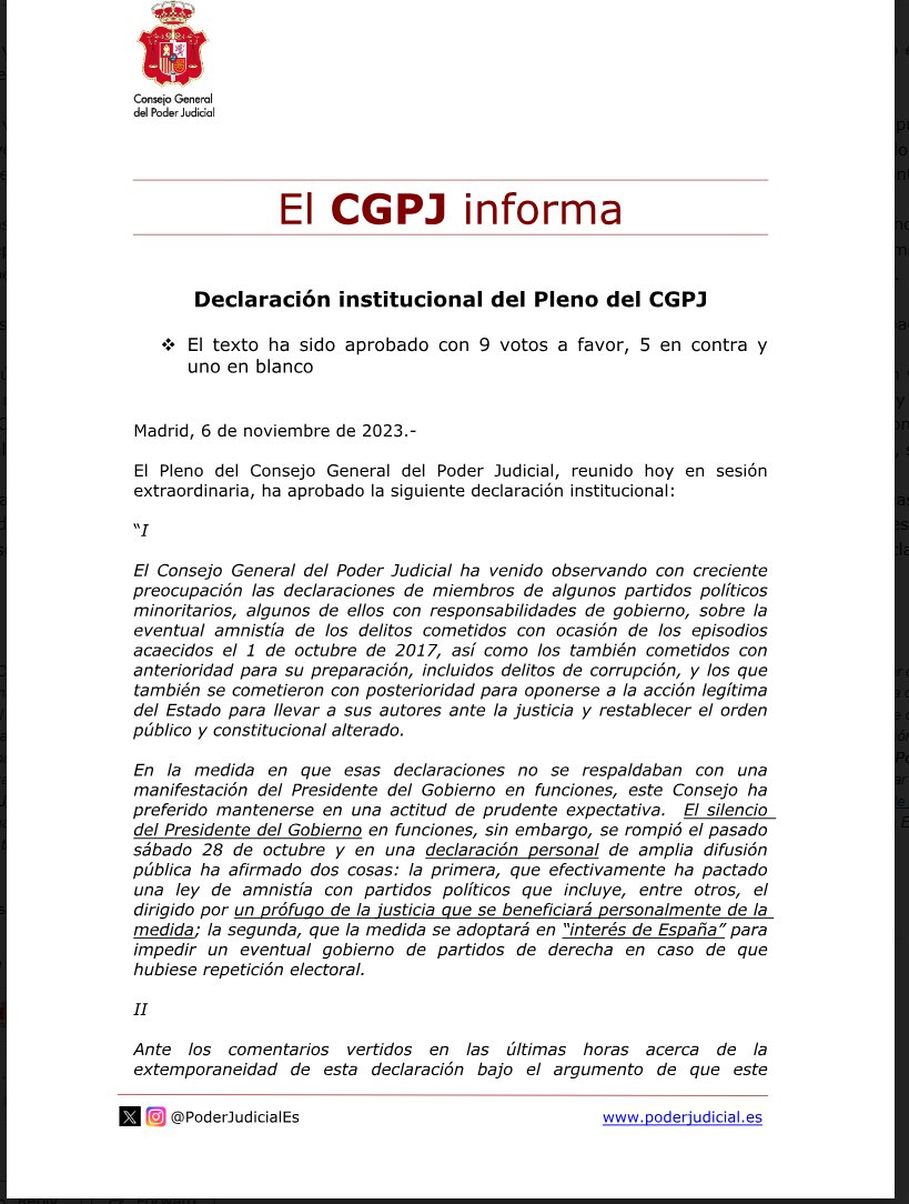 matthewbennett's tweet photo. 🔴1. Llega el texto de la declaracíon del CGPJ contra el acuerdo de amnistía de Sánchez. Son ocho páginas.

"El silencio del Presidente del Gobierno en funciones, sin embargo, se rompió el pasado sábado 28 de octubre y en una declaración personal de amplia difusión pública ha afirmado dos cosas: la primera, que efectivamente ha pactado una ley de amnistía con partidos políticos que incluye, entre otros, el dirigido por un prófugo de la justicia que se beneficiará personalmente de la medida;"