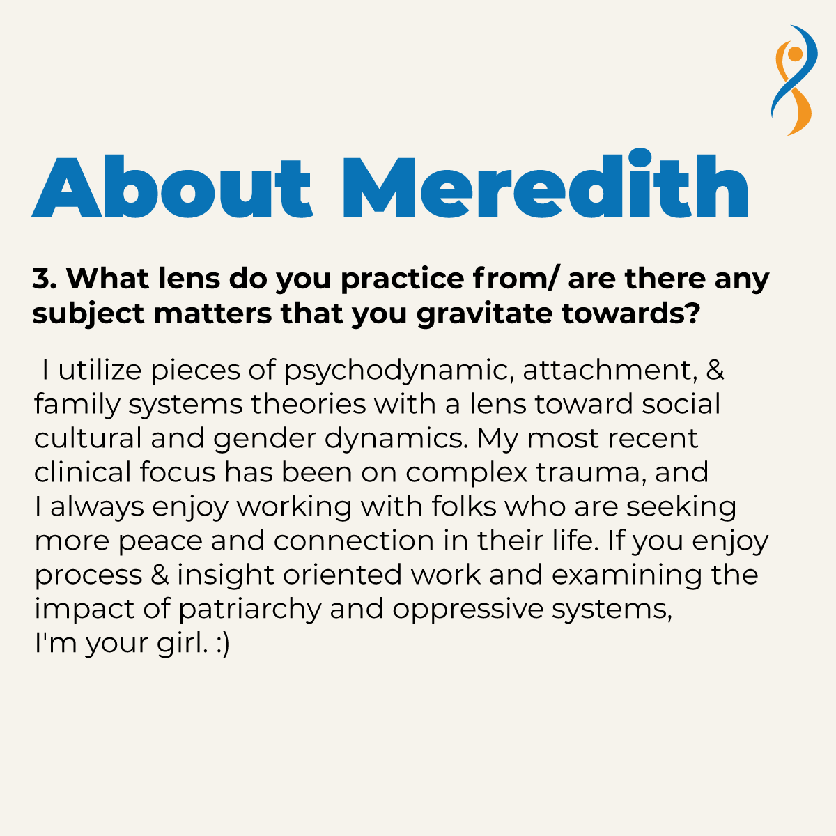 Meet Meredith Farster, LCSW. Are you or a community member looking for affirming therapy? Check out a few facts about Meredith and how she practices! Click the link below for more info and to schedule your appointment!
#iowatherapist #illinoistherapist 
bit.ly/3r0JsyB