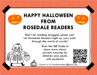RosedaleReaders's tweet photo. 👏There is still 1 more week left to register for our Halloween promotion for new customers. 👏 Limited spots.

Contact us to learn more: rosedalereaders@gmail.com or visit our website at https://t.co/738E6p7LeV

#dyslexia #dyslexiaawareness #EducationForAll #EducationMatters https://t.co/LlJq4Zrjph
