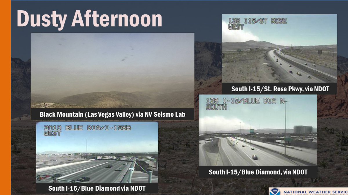 NWSVegas's tweet image. Dust originating from the Jean Dry Lake bed will continue to blow northeast toward Henderson and Boulder City. Southwest winds gusting  25-35 mph will continue through the afternoon. #vegasweather #nvwx