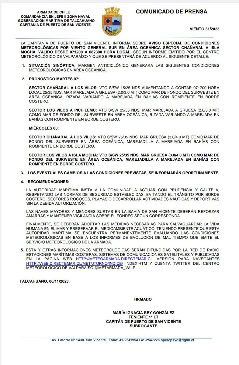 capuertovic's tweet photo. Informamos sobre #Avisoespecial de Condicion meteorológica por viento general Sur, el cual se presentará en el área de #Talcahuano y #Hualpen desde el día 07 de noviembre. Más información aquí 👇:
@gm_talcahuano 
@DGTM_Chile https://t.co/NZi3VYQF1j