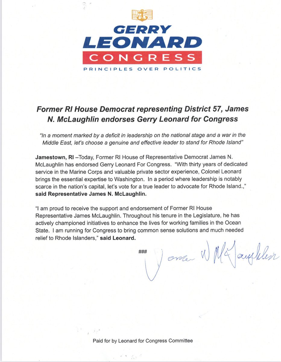 RIChairEmeritus's tweet photo. **ICYMI** Former RI House of Representative Democrat James N. McLaughlin has endorsed Gerry Leonard For Congress. “With thirty years of dedicated service in the Marine Corps …Colonel Leonard brings the essential expertise to Washington.” #LeonardforCongress https://t.co/4q3zYUHe1W