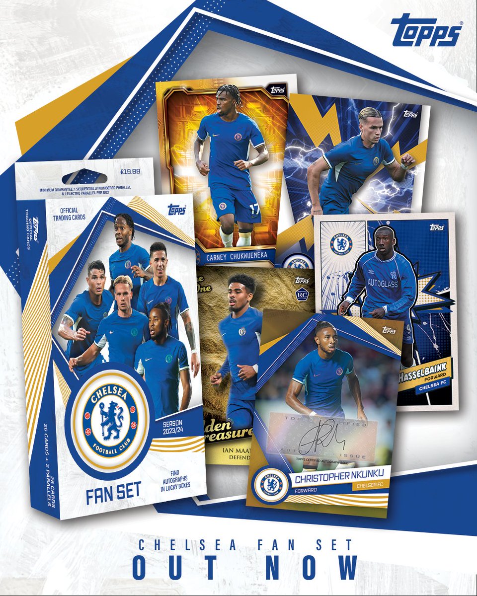 Topps_UK's tweet photo. The NEW 2️⃣0️⃣2️⃣3️⃣ / 2️⃣4️⃣ Topps Cheslea Fan Set is AVAILABLE NOW! 🙌
Boasting a whopping 2️⃣8️⃣ stunning cards, featuring 2️⃣ Parallels 🪩🪩.
✍️ Autographs in lucky boxes! 🤞
🔗 https://t.co/HfCxJPT0Db
#Topps #FanSet #Chelsea #FootballCards https://t.co/F6KjKFZw1Y