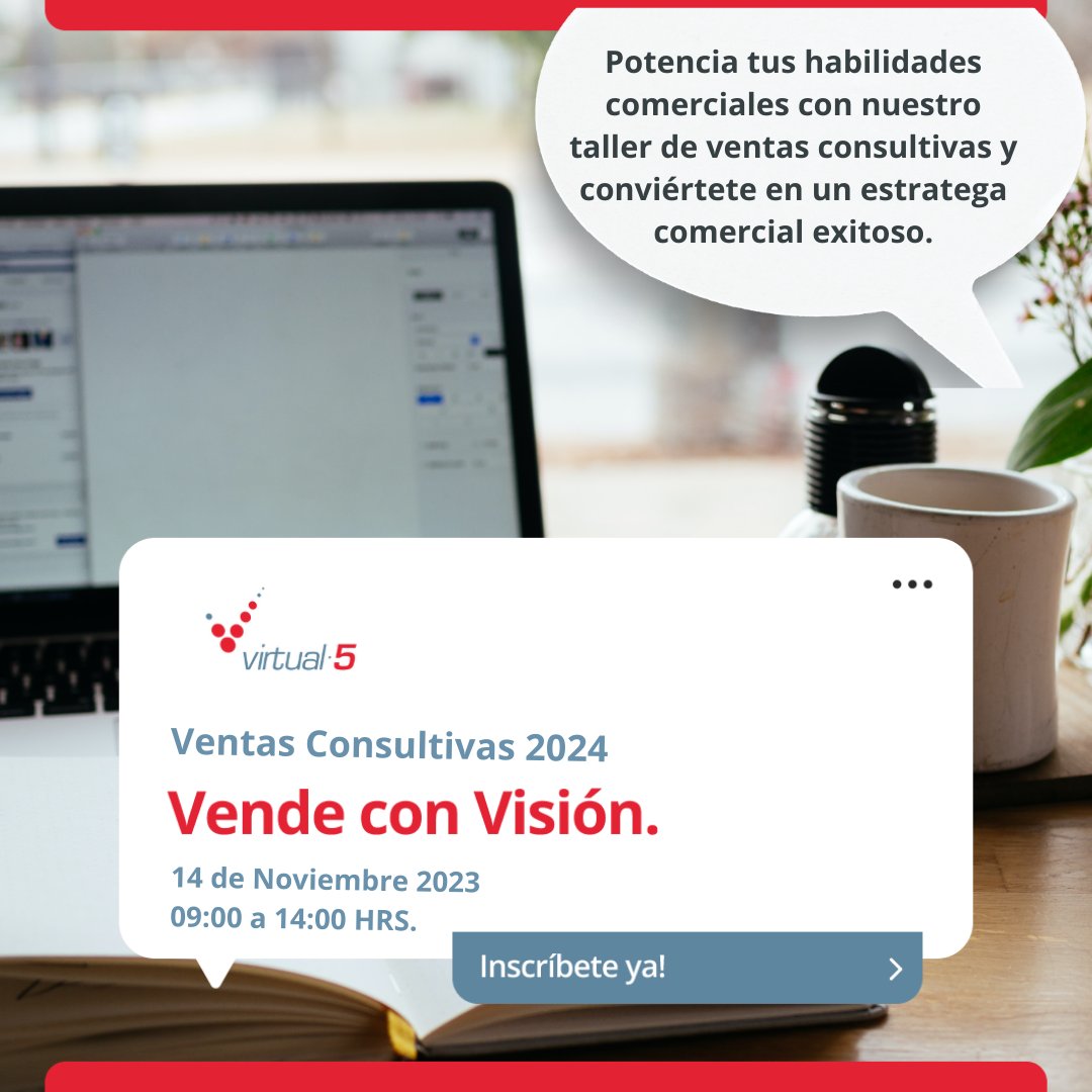 Virtual_5's tweet photo. Potencia tus ventas en el Taller de Ventas Consultivas 2024.
Adquiere herramientas clave: Neuro Ventas, Técnicas de Cierre, Storytelling, IA. 5 horas en línea. 
¡Mejora tus resultados hoy! https://t.co/4UrNB95LwQ