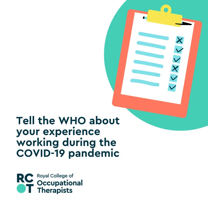 Text reads "Tell the WHO about your experience working during the COVID-19 pandemic" with an illustration of a check list.