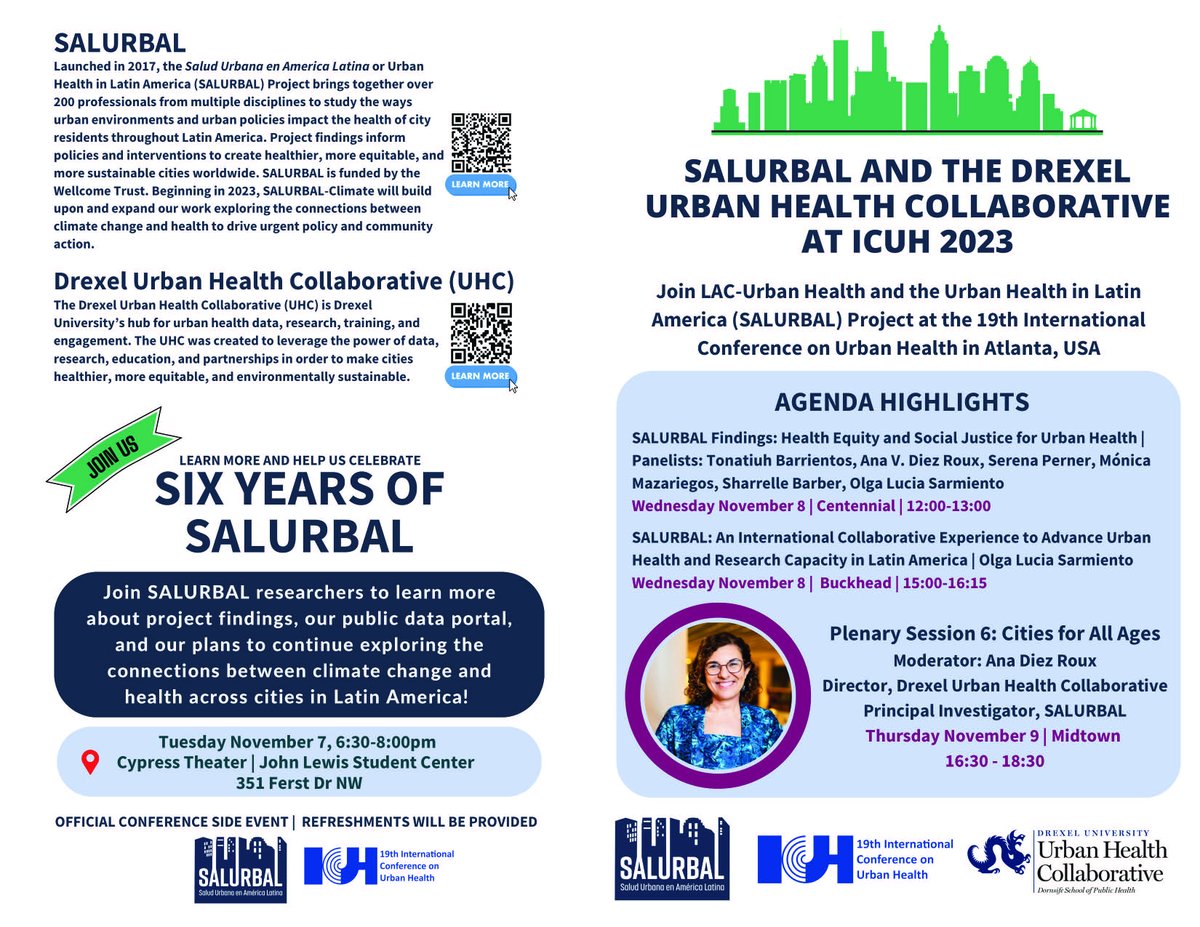 LACUrbanHealth's tweet photo. Are you at #ICUH2023 in Atlanta? Check out the many exciting contributions from the SALURBAL team and the @DrexelUHC throughout the next four days, and please join us on Tuesday November 7 at 6:30pm for our official conference side event at the John Lewis Student Center! https://t.co/0ddpaG7hRe