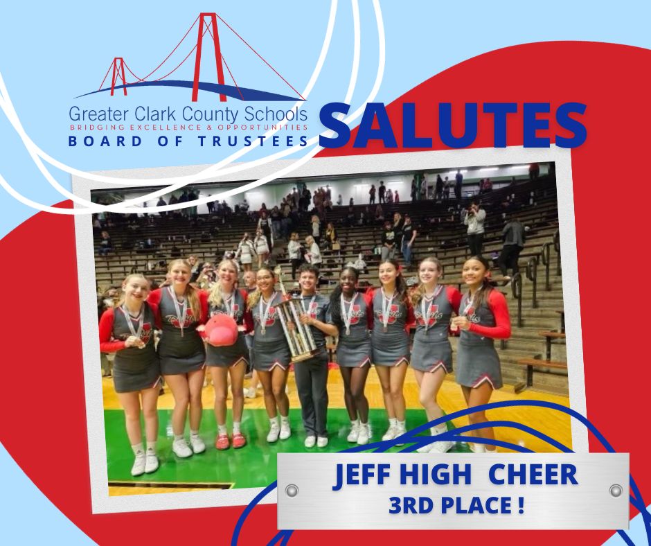 GCCSchools's tweet photo. 🎉 Board Salute Alert! 🥇🥇🥉 Congrats to our GCCS State Champions and Top 3 Finalists! 

🥇 1st Place Charlestown High School 
🥇 1st Place New Washington Cheerleading
🥉 3rd Place Jeffersonville High School Cheerleading 

#WeAreGreater https://t.co/SPTo58ML8P