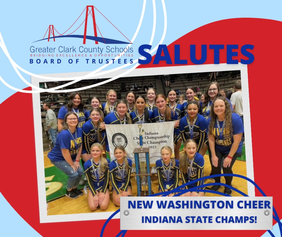 GCCSchools's tweet photo. 🎉 Board Salute Alert! 🥇🥇🥉 Congrats to our GCCS State Champions and Top 3 Finalists! 

🥇 1st Place Charlestown High School 
🥇 1st Place New Washington Cheerleading
🥉 3rd Place Jeffersonville High School Cheerleading 

#WeAreGreater https://t.co/SPTo58ML8P