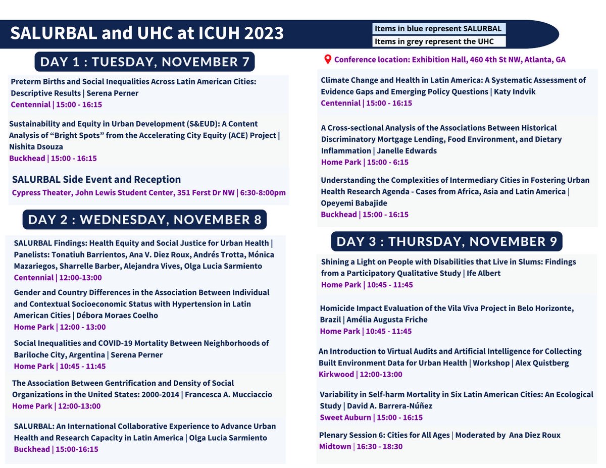 LACUrbanHealth's tweet photo. Are you at #ICUH2023 in Atlanta? Check out the many exciting contributions from the SALURBAL team and the @DrexelUHC throughout the next four days, and please join us on Tuesday November 7 at 6:30pm for our official conference side event at the John Lewis Student Center! https://t.co/0ddpaG7hRe