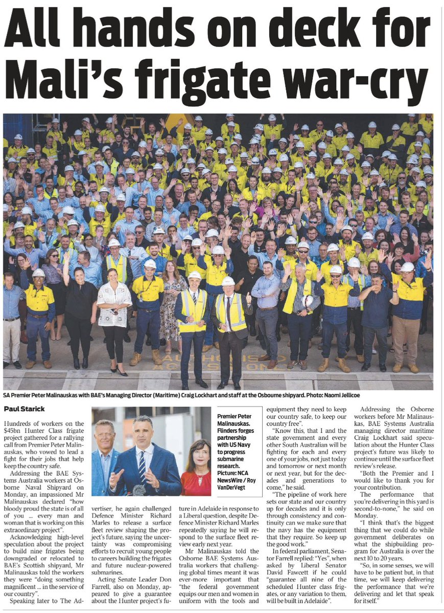 BAESystemsAus's tweet photo. We are bloody proud of you! Yesterday hundreds of our Hunter workers joined Premier Peter Malinauskas and Managing Director Craig Lockhart in the shipyard. 

Read the story here:
https://t.co/Cn4IgUYMOX https://t.co/rBfoJWDRwl