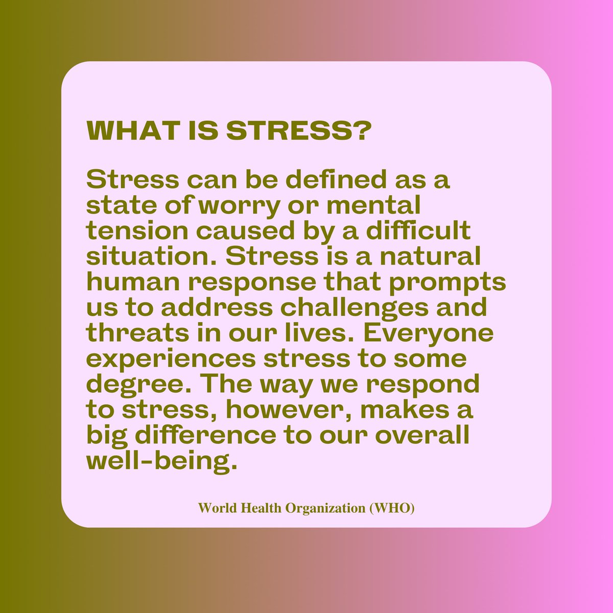 wellbeingsorg's tweet photo. What is stress? Does everyone respond the same way? How can I manage stress? @who has the answers and more, so we’re sharing them for #InternationalStressAwarenessWeek

Find more info on managing stress at https://t.co/njP8wHe5XV #wellbeings https://t.co/s6fVS1Ot21