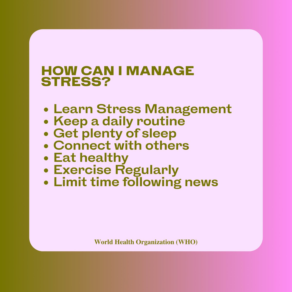 What is stress? Does everyone respond the same way? How can I manage stress? <a href="/who/">World Health Organization (WHO)</a> has the answers and more, so we’re sharing them for #InternationalStressAwarenessWeek

Find more info on managing stress at who.int #wellbeings