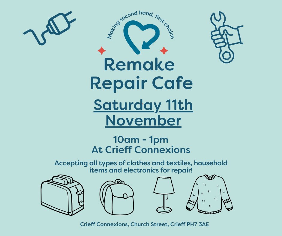 remake_scotland's tweet photo. Reminder!!  The Remake Repair cafe is on this Saturday 10am-1pm at Crieff Connexions. Why not come and join us to learn how to repair your broken items.  #mendit #repair #remake #crieff https://t.co/kFXSxdrvg7