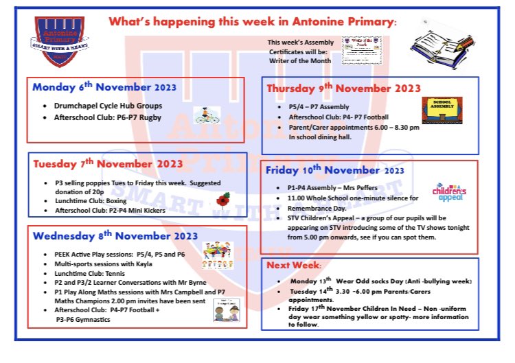 AntoninePrimary's tweet photo. Copy of our parent/carer weekly diary that was emailed out today. π§ #keepingyouposted https://t.co/XPJIIbKRJd