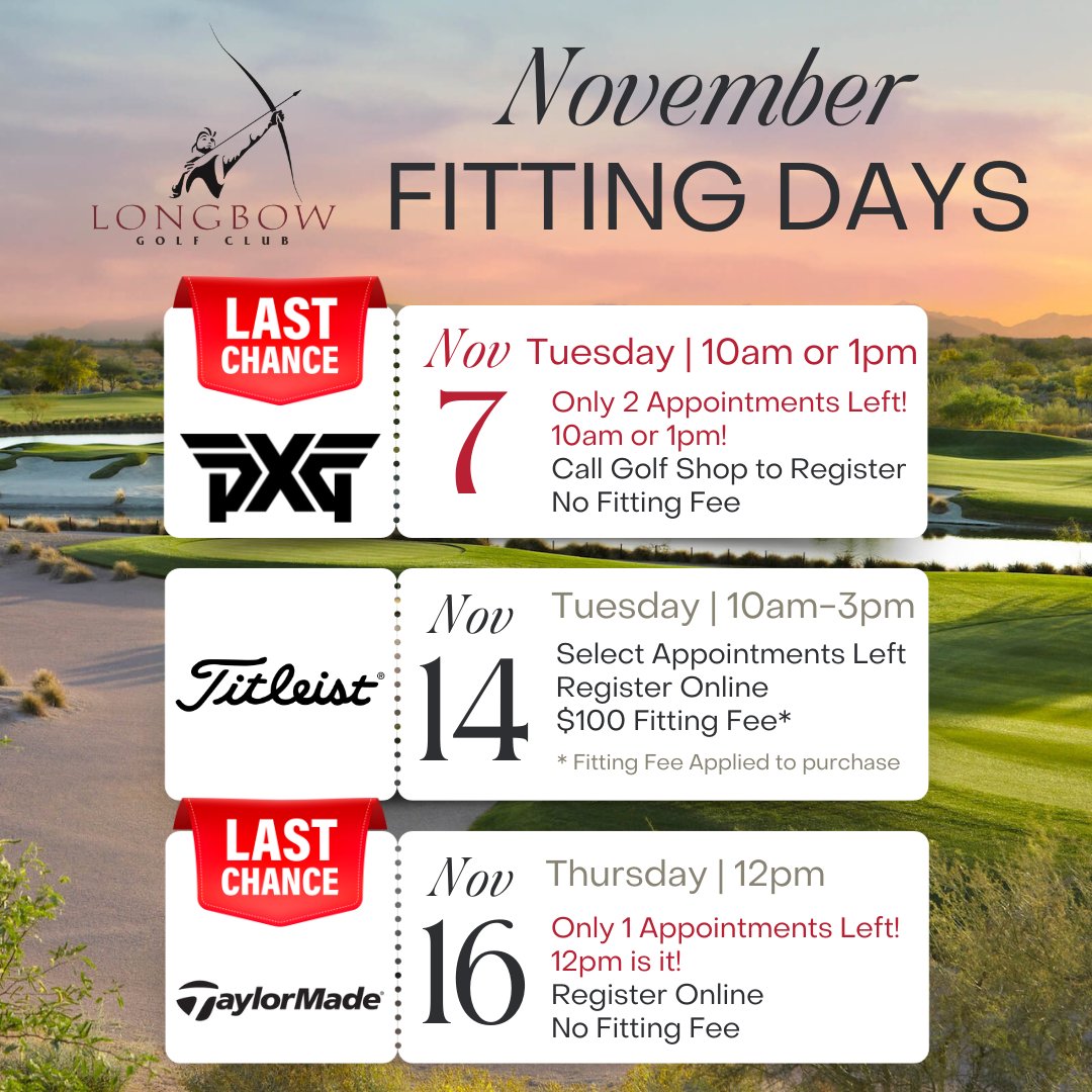 ️‍🧍🏌️‍♀️PXG Fitting Day at Longbow Golf Club TOMORROW!  Only 2 spots are up for grabs.  

🤳 Call the golf shop at 480 807-5400 to register before they are gone!

#thompsongolfgroup #troon #pxg #alwaysimproving #newsticks #buyagame #xmascameearly