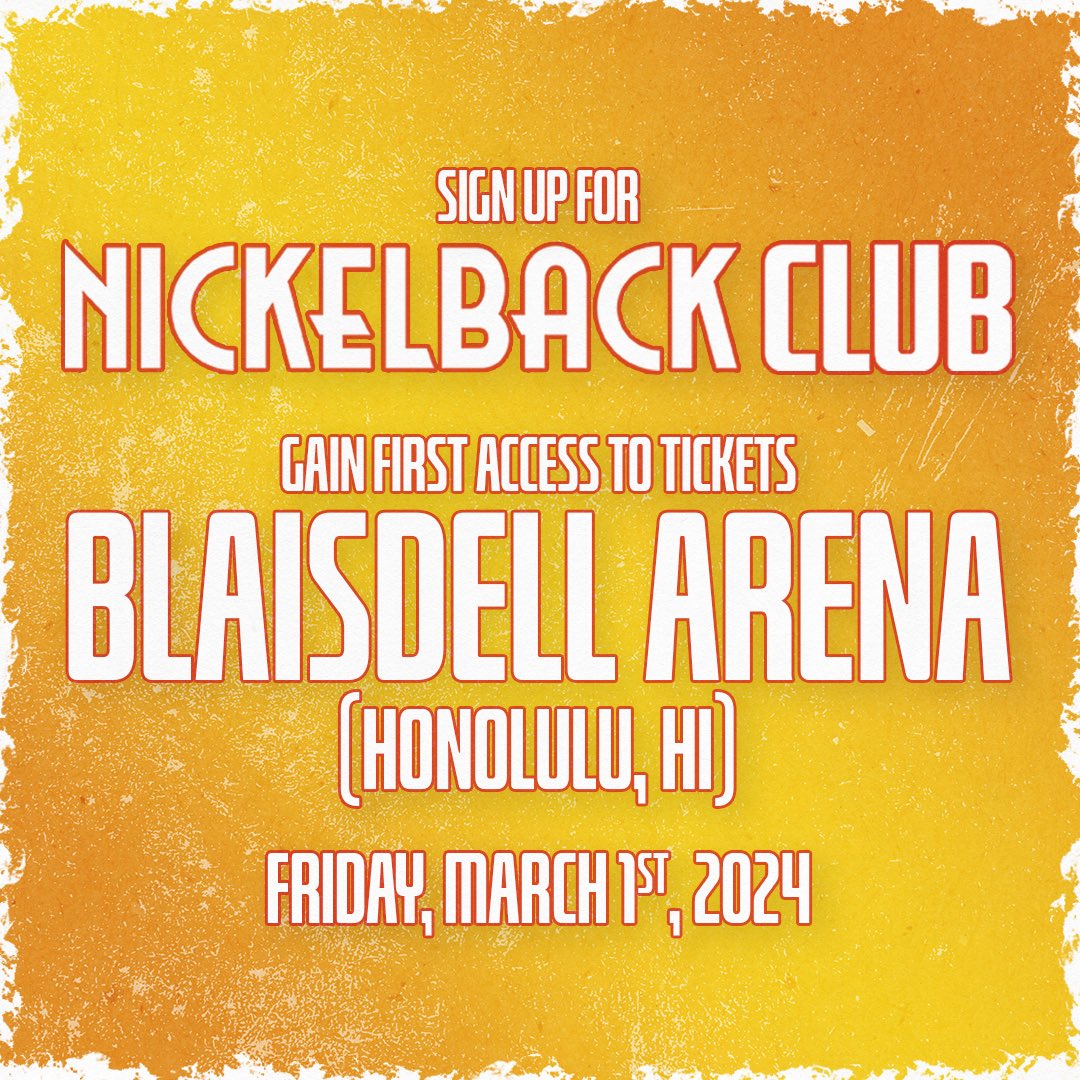 Nickelback's tweet photo. Hawaii, mark your calendars for March 1st, 2024! For the first time in our career, we’re bringing our live show to the islands. Tickets go onsale this Friday, November 10th at 10am local time. Sign up for the Nickelback club now to get presale tickets tomorrow! 🤘🌺

https://t.co/aZ5AOGKG4g