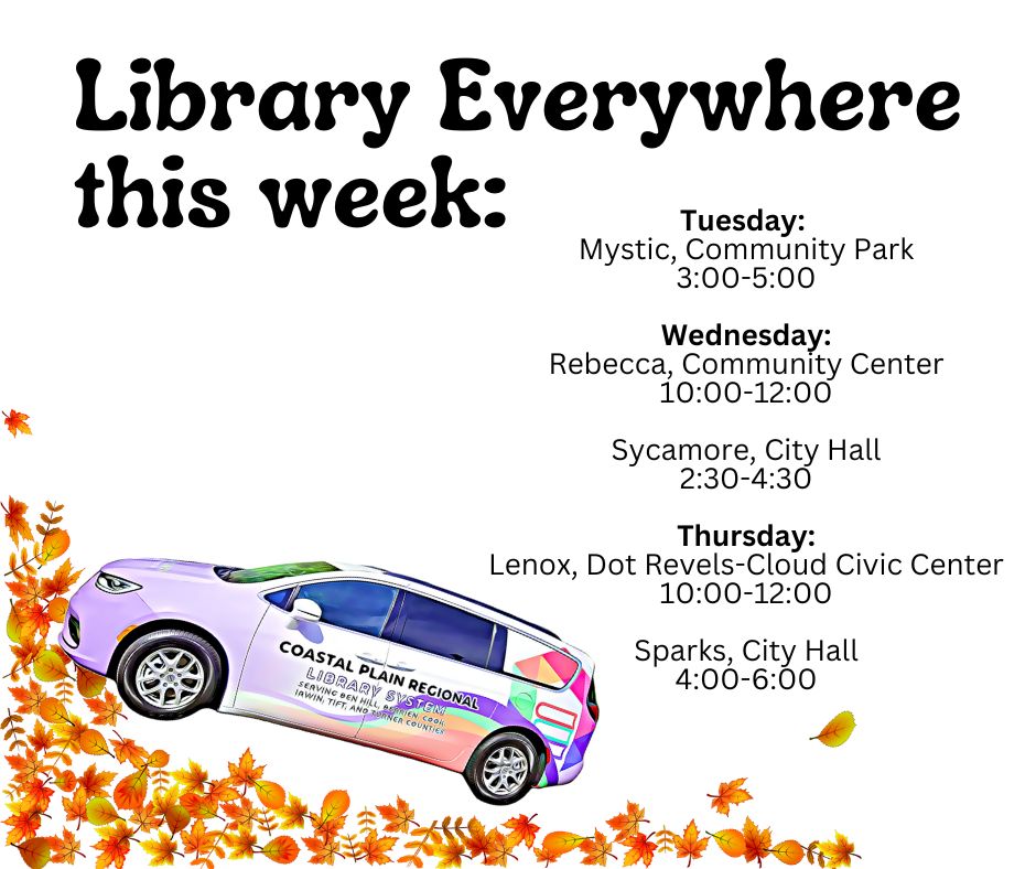 Whew! Folks, we have a PACKED schedule with Library Everywhere this week. Folks in Mystic, Rebecca, Sycamore, Lenox, and Sparks: we're coming your way! #GeorgiaLibraries