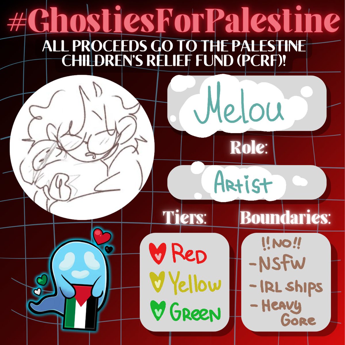 MelouTheChalk's tweet photo. Hello everyone!!
I will be participating in #GhostiesForPalestine from 6/11 until 15/11 as an artist!! I will be doing red, yellow and green tiers! You can request work from me or a bunch of other artists by donating to the Palestine Children’s Relief Fund!! Link is in reply!! https://t.co/xSuKtpLo2m