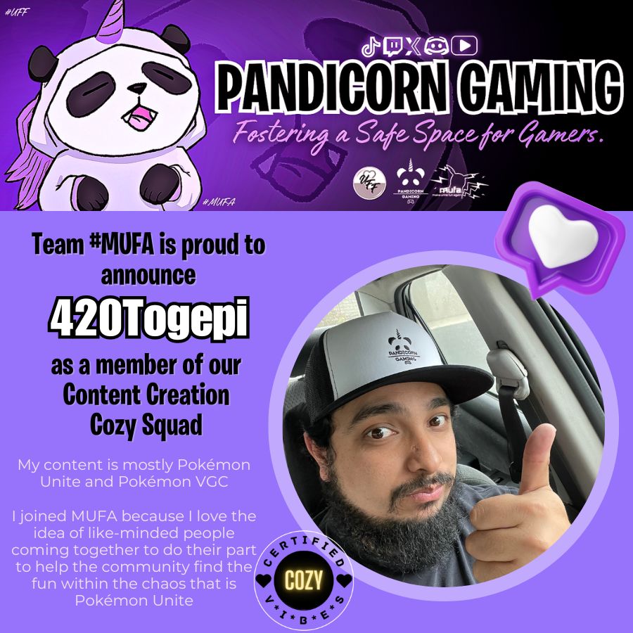 Pandic0rnGaming's tweet photo. β¨WELCOME TO THE MUFA SQUAD β¨
Pandicorn Gaming is proud to announce the next member of our #TeamMUFA Cozy Squad π @420Togepi
Make sure to give them a follow on Twitch and all their other social media platforms! https://t.co/VYel7MnQXu