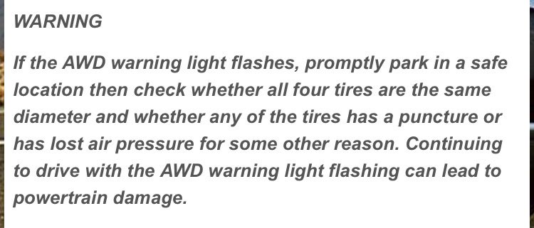 Ехал с маленьким запасным колесом. Начала мигать лампочка «AWD». Остановился погуглить, что это значит. Инструкция говорит: «остановитесь в безопасном месте и убедитесь, что все шины  на машине одинакового диаметра».