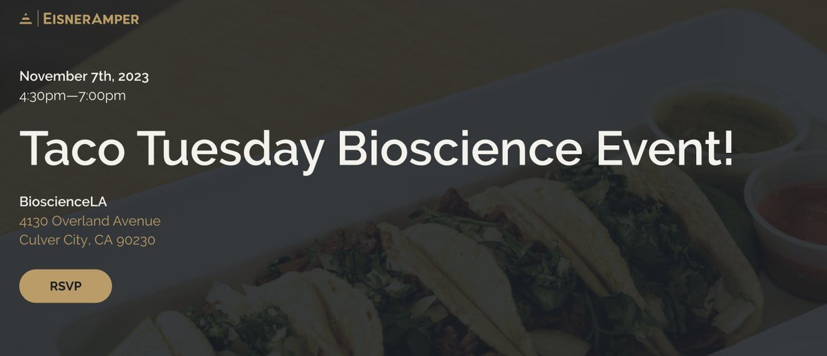 BioscienceLA's tweet photo. 🌮🍹 Join us TOMORROW for an exciting networking event co-hosted by @BioscienceLA and @EisnerAmper ! 🎉
🗓️ Date: 11/7
⏰ Time: 4:30pm-7pm PT
📍 Location: BioscienceLA
RSVP now: https://t.co/Jv5uyi8rJK
See you there! 🤝
#LongLA #BioscienceLA #EisnerAmper #Networking https://t.co/C7uXiIuDwt