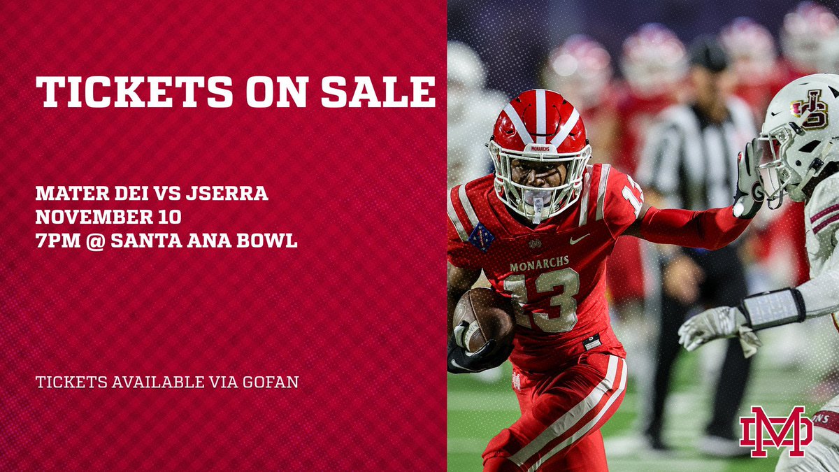 MDFootball's tweet photo. Monarch Nation, playoffs are here!!!
Tickets are now available for this week’s first round CIF-SS Division 1 playoff game against JSerra.
🗓️ November 10
⏰ 7pm
🏟️ Santa Ana Bowl
🎟️ GoFan
https://t.co/R7UjH3n8w3
\|/
#MaterDeiFootball #RedVision #BeatJSerra https://t.co/J4yNPwzuQi