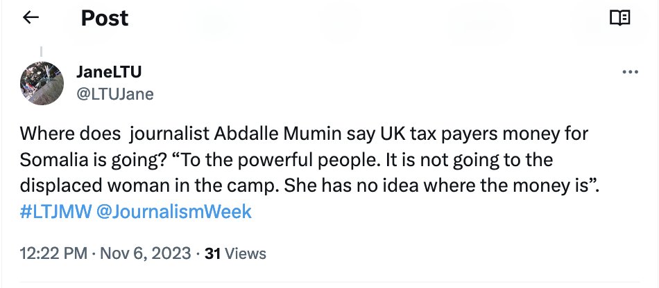 Cabdalleaxmed's tweet photo. In my speech today @LeedsTrinity #JournalismWeek, I also spoke on the plight of vulnerable communities in #Somalia:
According to UN, 8.2m #Somalis are in need. 1.5m are malnourished children. The flood and the suffering are long.
The country's humanitarian and economic conditions have deteriorated steadily with majority of businesses closing in #Mogadishu.
Majority of people are unable to cover basic needs. Sadly, financial support provided by international partners have been looted by few individuals associated to @HassanSMohamud accredited for 'being the most corrupt'.
According to @anticorruption, Somalia is the most corrupt country in the world, with score of 12 even lower than #Syrian, #Yemen and #SouthSudan.
Does the @GOVUK tax payers deserve to spend money there, does #Somalia's corrupt politicians deserve funding?