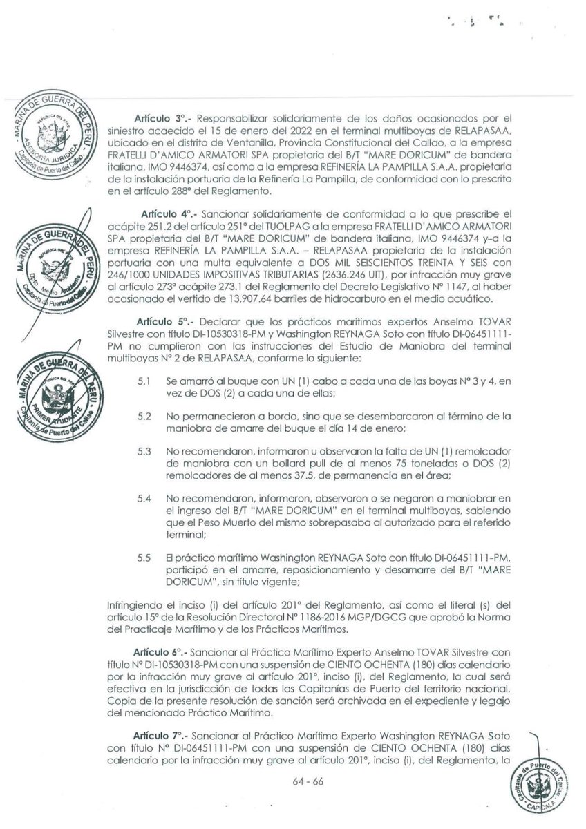 FrenteDefensaPE's tweet photo. La @MGP_DICAPI (Capitanía del Puerto del Callao) multa a @Repsol con 3636.246 UIT como principal responsable del derrame de 13907.64 barriles de hidrocarburos en el mar de Ventanilla.
#HaztecargoRepsol https://t.co/5YgZo4iiL1