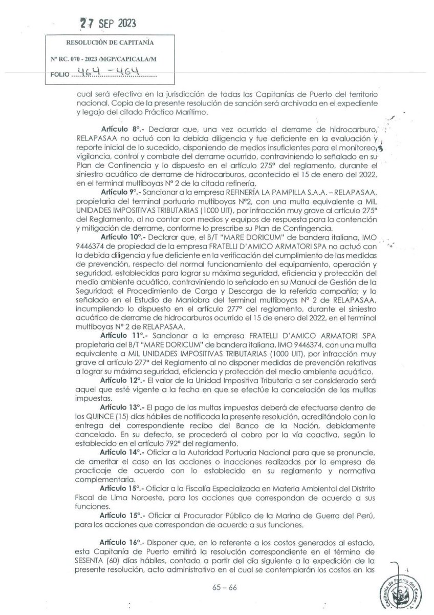 FrenteDefensaPE's tweet photo. La @MGP_DICAPI (Capitanía del Puerto del Callao) multa a @Repsol con 3636.246 UIT como principal responsable del derrame de 13907.64 barriles de hidrocarburos en el mar de Ventanilla.
#HaztecargoRepsol https://t.co/5YgZo4iiL1