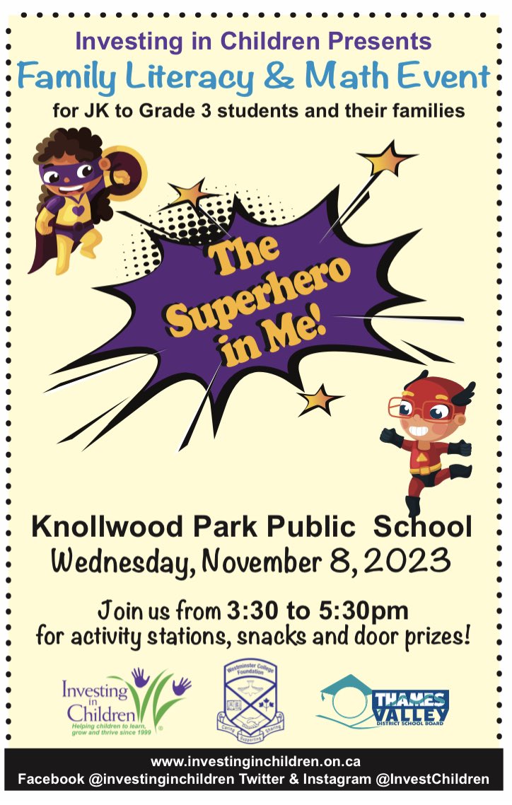 KnollwoodPark1's tweet photo. We are so excited for Wednesday! 

Families of JK-Gr. 3 students we hope that you will join us for our @InvestChildren Family Literacy &amp; Math night from 3:30-5:30pm in the gym!

Snacks, activities &amp; door prizes! It is sure to be a lot of fun 🤩 
#KeepItKnightlyKnollwood @TVDSB https://t.co/rWl6t3kRIN