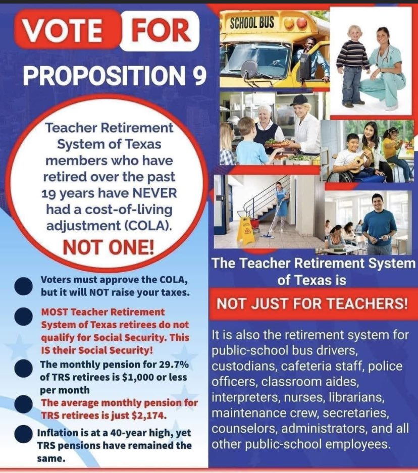 GarlandRsp's tweet photo. Tuesday is Election Day!Think of your favorite teacher, now retired, who hasn’t had a raise in years!! Please vote FOR Prop 9! https://t.co/b0BosgtOrL